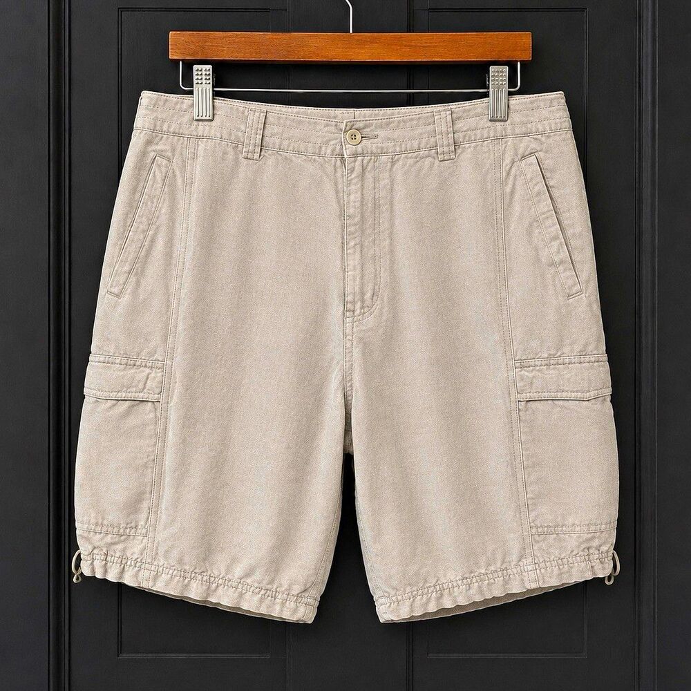 Cubavera Men’s Beige Solid Linen Rayon Canvas Cargo Shorts Flat Front Zip
